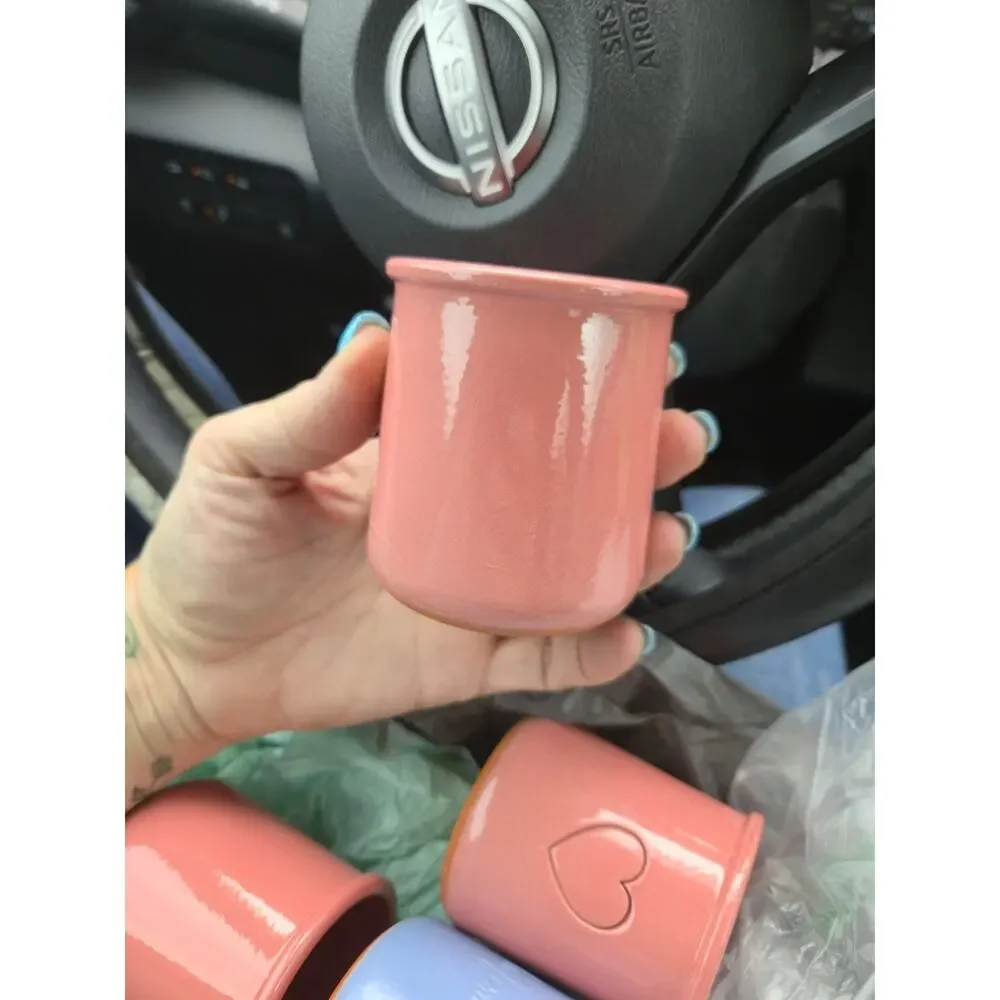 Handmade Vermont & Ole Keramik Pottery Cups Lot of 4 Pink Blue Heart Crocks